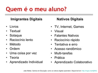 Quem é o meu aluno? Livros Textual Sotaque Raciocínio lento Método Ordem Uma coisa por vez Teoria Aprendizado Individual TV, Internet, Games Visual Falantes Nativos Raciocínio rápido Tentativa e erro Acesso randômico Multi-tarefas Prática Aprendizado Colaborativo Imigrantes Digitais Nativos Digitais João Mattar, Games em Educação: como os nativos digitais aprendem. Disponível em:  http://migre.me/4jDKG 
