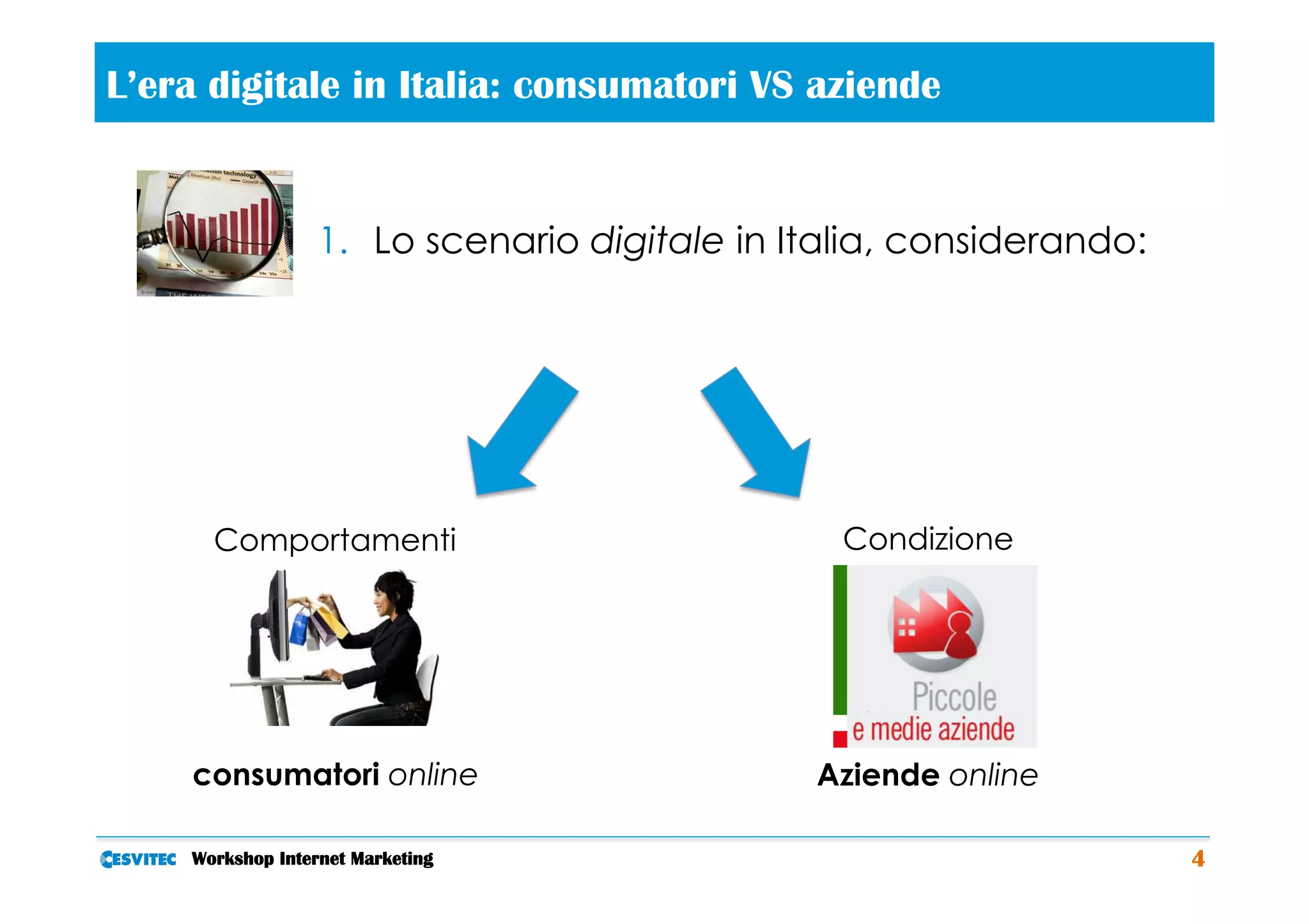 L’era digitale in Italia: consumatori VS aziende      	
  

                  1.  Lo scenario digitale in Italia, considerando:




      Comportamenti                              Condizione




    consumatori online                         Aziende online

    Workshop Internet Marketing                                       4
 