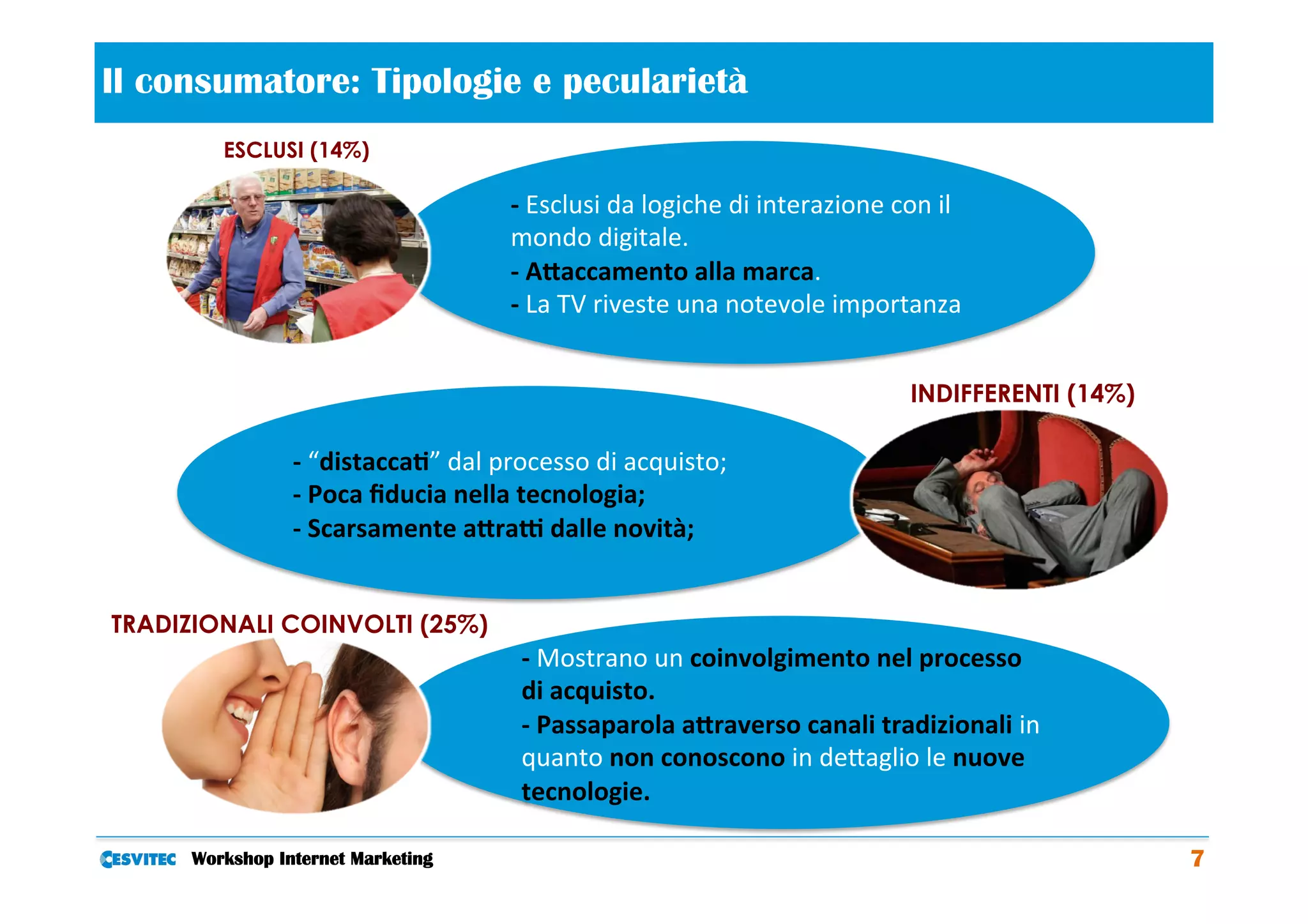 Il consumatore: Tipologie e pecularietà                            	
  
        ESCLUSI (14%)

                                               -­‐	
  Esclusi	
  da	
  logiche	
  di	
  interazione	
  con	
  il	
  
                                               mondo	
  digitale.	
  
                                               -­‐	
  A<accamento	
  alla	
  marca.	
  	
  
                                               -­‐	
  La	
  TV	
  riveste	
  una	
  notevole	
  importanza	
  


                                                                                                           INDIFFERENTI (14%)

                -­‐	
  “distacca2”	
  dal	
  processo	
  di	
  acquisto;	
  	
  
                -­‐	
  Poca	
  ﬁducia	
  nella	
  tecnologia;	
  
                -­‐	
  Scarsamente	
  a<raE	
  dalle	
  novità;	
  


TRADIZIONALI COINVOLTI (25%)
                                                -­‐	
  Mostrano	
  un	
  coinvolgimento	
  nel	
  processo	
  
                                                di	
  acquisto.	
  	
  
                                                -­‐	
  Passaparola	
  a<raverso	
  canali	
  tradizionali	
  in	
  
                                                quanto	
  non	
  conoscono	
  in	
  deCaglio	
  le	
  nuove	
  
                                                tecnologie.	
  

     Workshop Internet Marketing                                                                                                7
 
