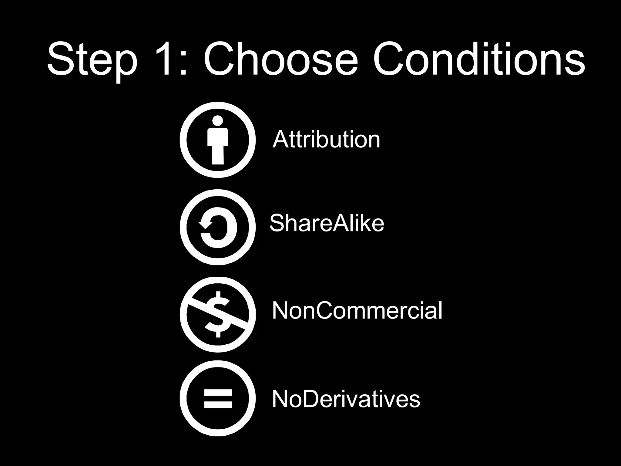 Step 1: Choose Conditions
          Attribution


          ShareAlike


          NonCommercial


          NoDerivatives
 