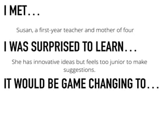 I MET…
!
I WAS SURPRISED TO LEARN…
!
IT WOULD BE GAME CHANGING TO…
!
Susan, a ﬁrst-year teacher and mother of four
She has innovative ideas but feels too junior to make
suggestions.
 
