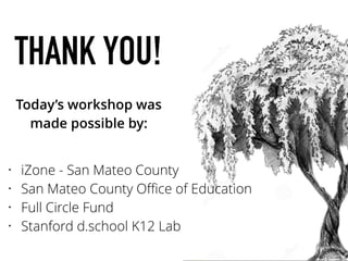 THANK YOU!
Today’s workshop was
made possible by:
• iZone - San Mateo County
• San Mateo County Oﬃce of Education
• Full Circle Fund
• Stanford d.school K12 Lab
 