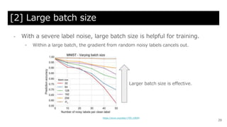 [2] Large batch size
29
- With a severe label noise, large batch size is helpful for training.
- Within a large batch, the gradient from random noisy labels cancels out.
Larger batch size is effective.
https://arxiv.org/abs/1705.10694
 