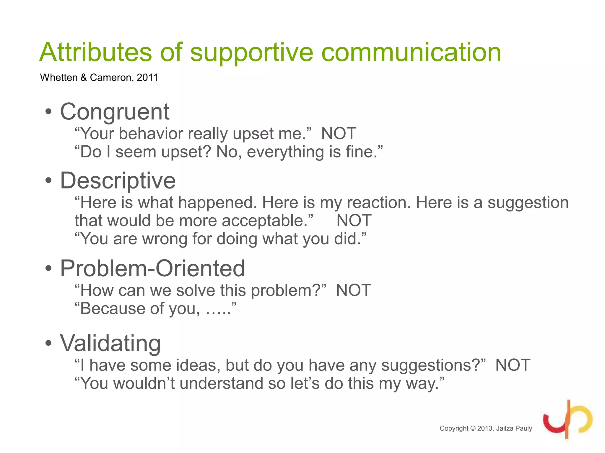 Attributes of supportive communication
• Congruent
“Your behavior really upset me.” NOT
“Do I seem upset? No, everything is fine.”
• Descriptive
“Here is what happened. Here is my reaction. Here is a suggestion
that would be more acceptable.” NOT
“You are wrong for doing what you did.”
• Problem-Oriented
“How can we solve this problem?” NOT
“Because of you, …..”
• Validating
“I have some ideas, but do you have any suggestions?” NOT
“You wouldn’t understand so let’s do this my way.”
Copyright © 2013, Jailza Pauly
Whetten & Cameron, 2011
 