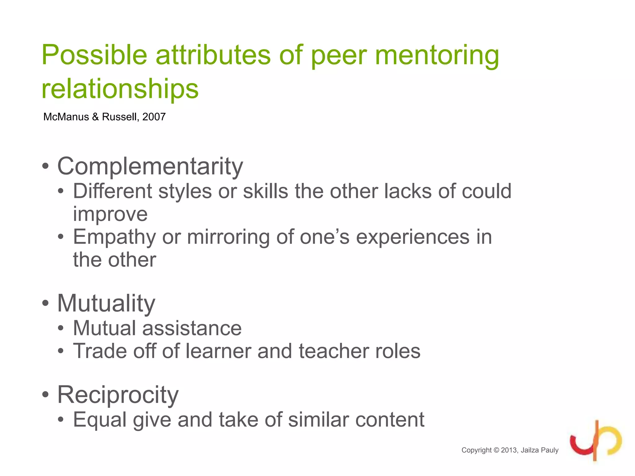 Possible attributes of peer mentoring
relationships
• Complementarity
• Different styles or skills the other lacks of could
improve
• Empathy or mirroring of one’s experiences in
the other
• Mutuality
• Mutual assistance
• Trade off of learner and teacher roles
• Reciprocity
• Equal give and take of similar content
McManus & Russell, 2007
Copyright © 2013, Jailza Pauly
 