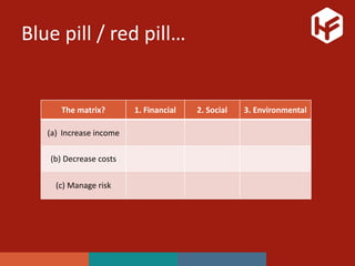 Blue pill / red pill…
The matrix? 1. Financial 2. Social 3. Environmental
(a) Increase income
(b) Decrease costs
(c) Manage risk
 