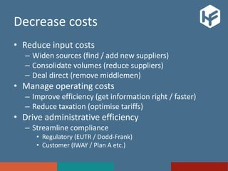 Decrease costs
• Reduce input costs
– Widen sources (find / add new suppliers)
– Consolidate volumes (reduce suppliers)
– Deal direct (remove middlemen)
• Manage operating costs
– Improve efficiency (get information right / faster)
– Reduce taxation (optimise tariffs)
• Drive administrative efficiency
– Streamline compliance
• Regulatory (EUTR / Dodd-Frank)
• Customer (IWAY / Plan A etc.)
 