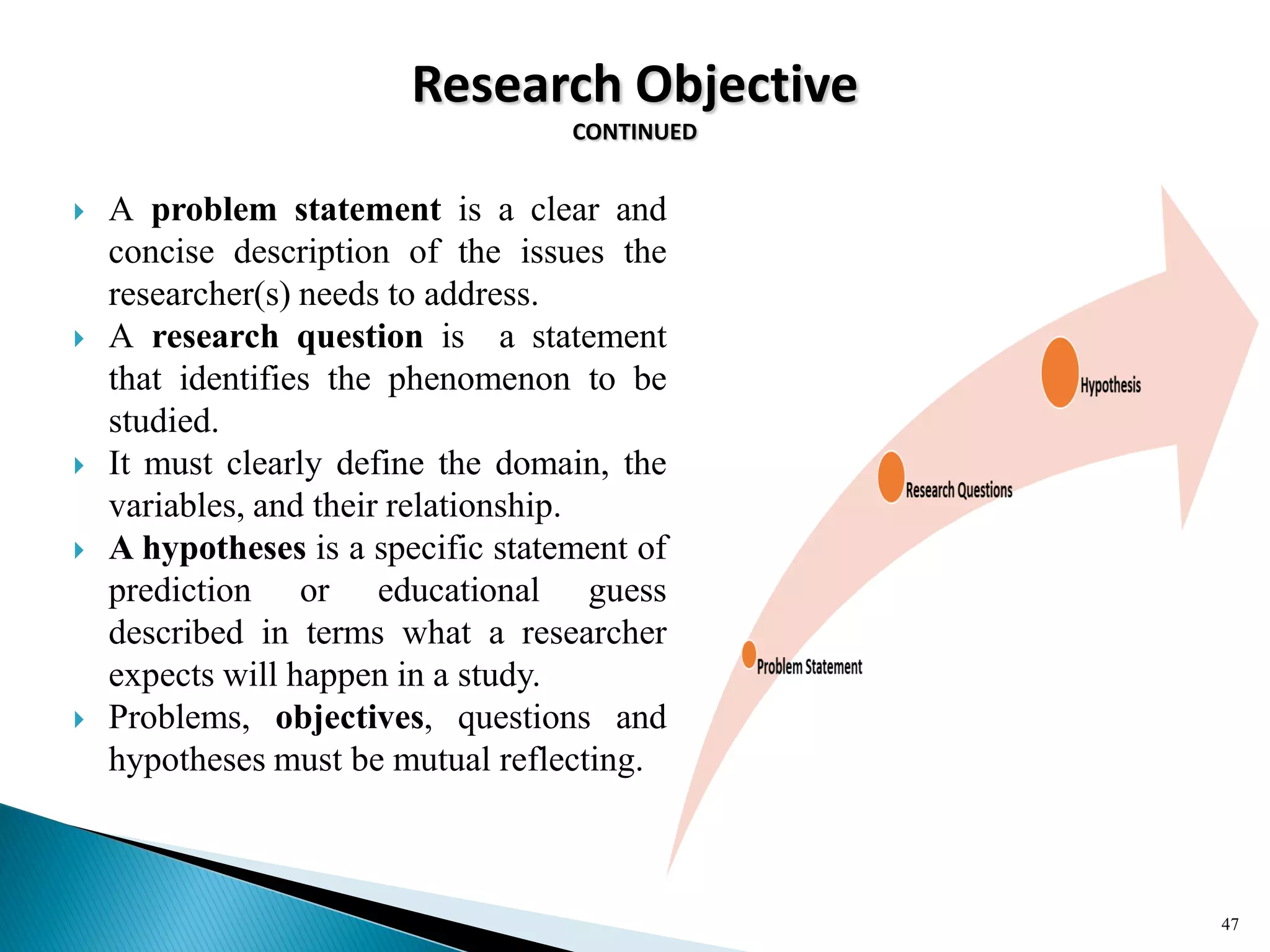 Research Objective
CONTINUED
47
 A problem statement is a clear and
concise description of the issues the
researcher(s) needs to address.
 A research question is a statement
that identifies the phenomenon to be
studied.
 It must clearly define the domain, the
variables, and their relationship.
 A hypotheses is a specific statement of
prediction or educational guess
described in terms what a researcher
expects will happen in a study.
 Problems, objectives, questions and
hypotheses must be mutual reflecting.
 