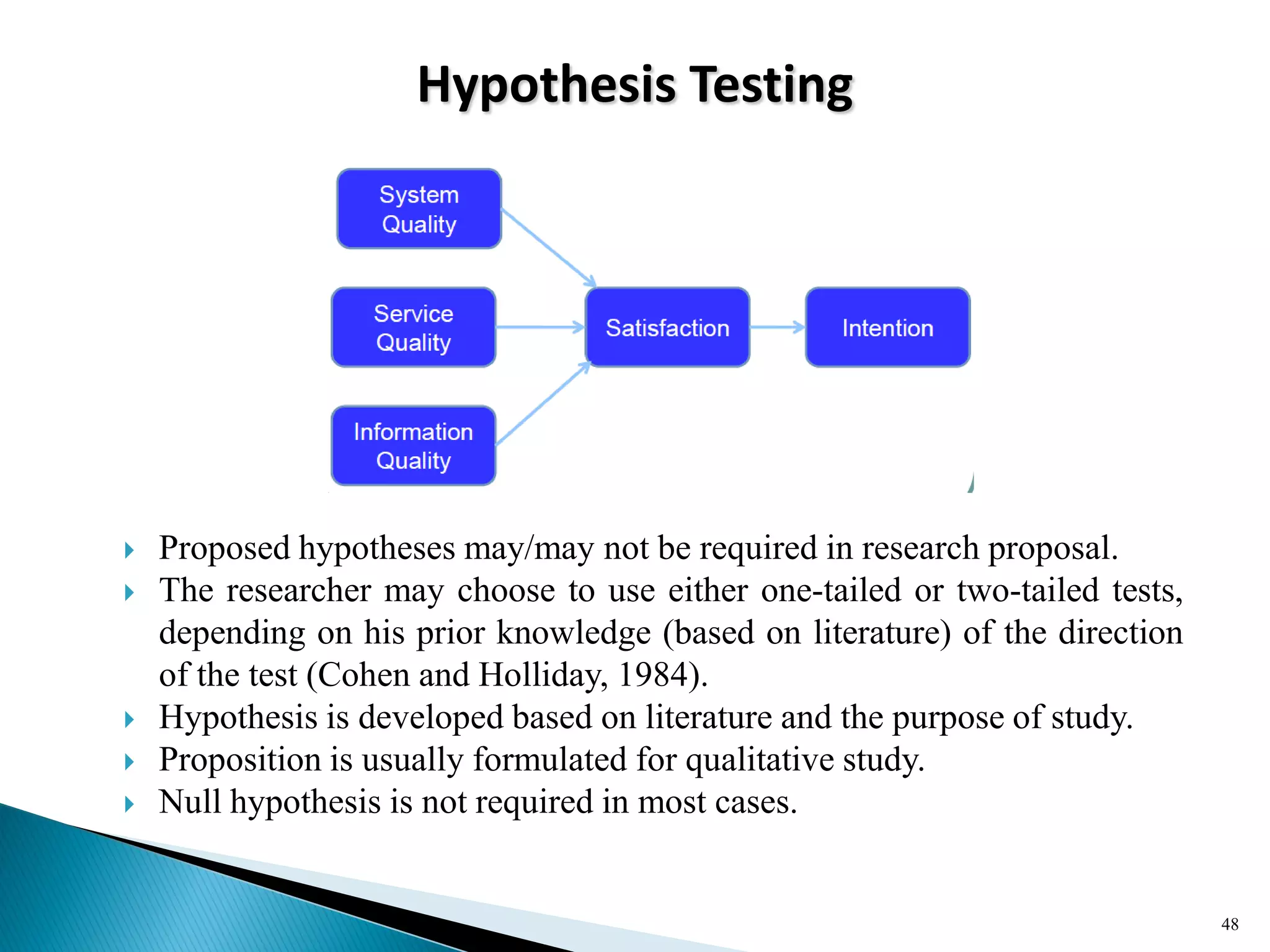 Hypothesis Testing
 Proposed hypotheses may/may not be required in research proposal.
 The researcher may choose to use either one-tailed or two-tailed tests,
depending on his prior knowledge (based on literature) of the direction
of the test (Cohen and Holliday, 1984).
 Hypothesis is developed based on literature and the purpose of study.
 Proposition is usually formulated for qualitative study.
 Null hypothesis is not required in most cases.
48
 