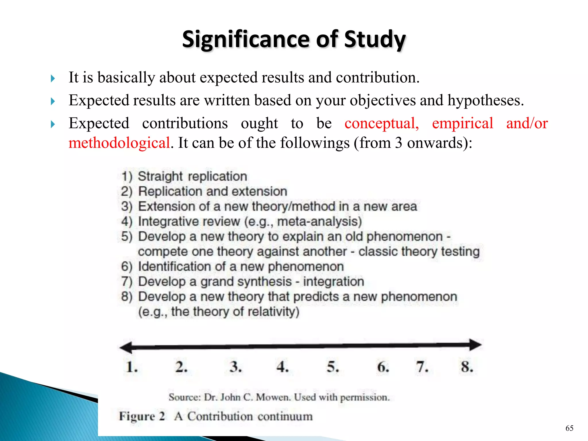 Significance of Study
 It is basically about expected results and contribution.
 Expected results are written based on your objectives and hypotheses.
 Expected contributions ought to be conceptual, empirical and/or
methodological. It can be of the followings (from 3 onwards):
65
 