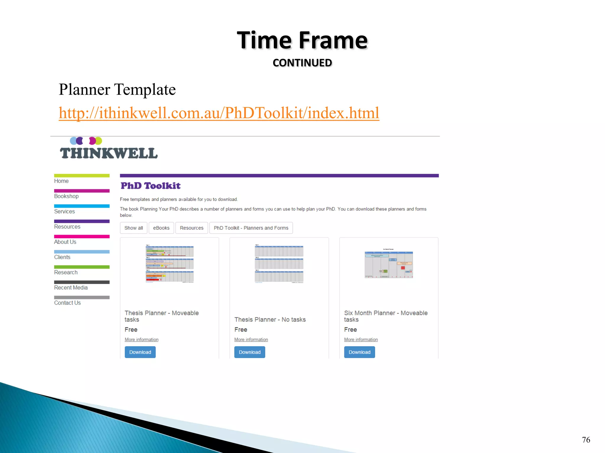 Time Frame
CONTINUED
Planner Template
http://ithinkwell.com.au/PhDToolkit/index.html
76
 