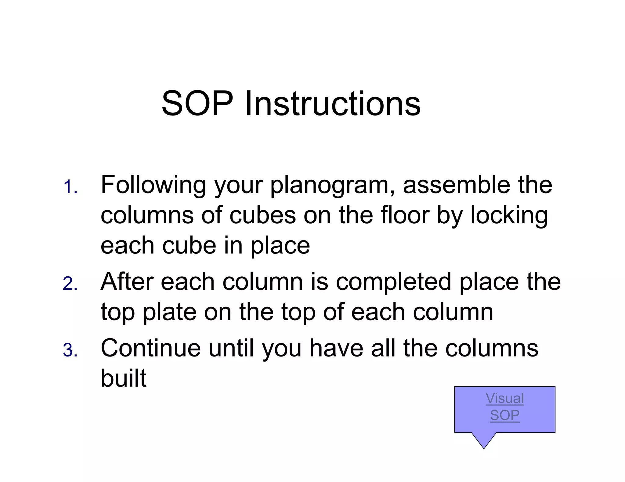 SOP Instructions
1. Following your planogram, assemble the
columns of cubes on the floor by locking
each cube in place
2. After each column is completed place the
top plate on the top of each column
3. Continue until you have all the columns
built
Visual
SOP
 