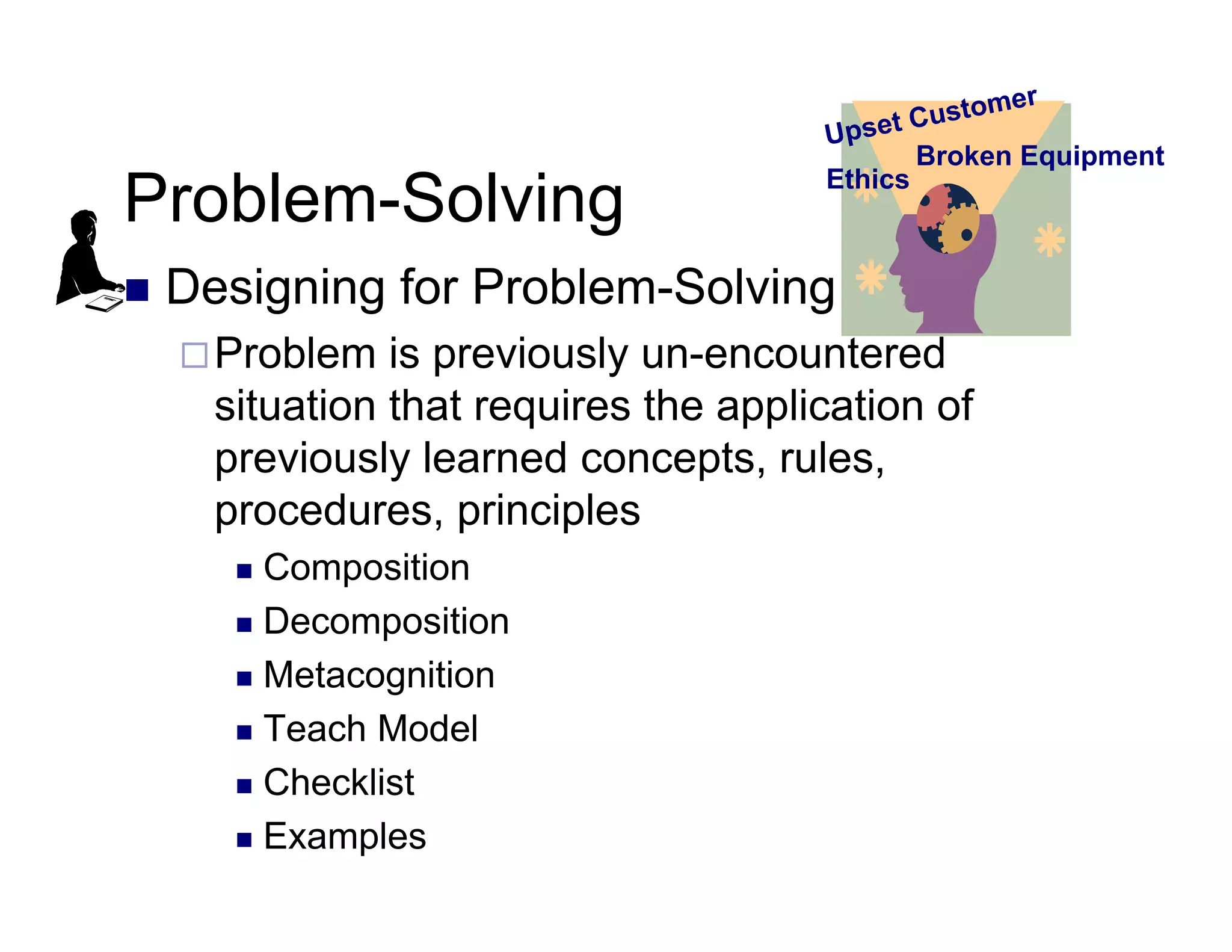 Problem-Solving
 Designing for Problem-Solving
Problem is previously un-encountered
situation that requires the application of
previously learned concepts, rules,
procedures, principles
 Composition
 Decomposition
 Metacognition
 Teach Model
 Checklist
 Examples
Ethics
Broken Equipment
 