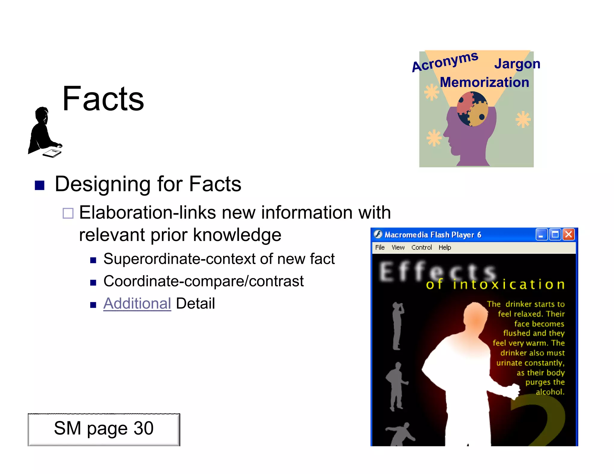 Facts
 Designing for Facts
 Elaboration-links new information with
relevant prior knowledge
 Superordinate-context of new fact
 Coordinate-compare/contrast
 Additional Detail
Jargon
Memorization
SM page 30
 
