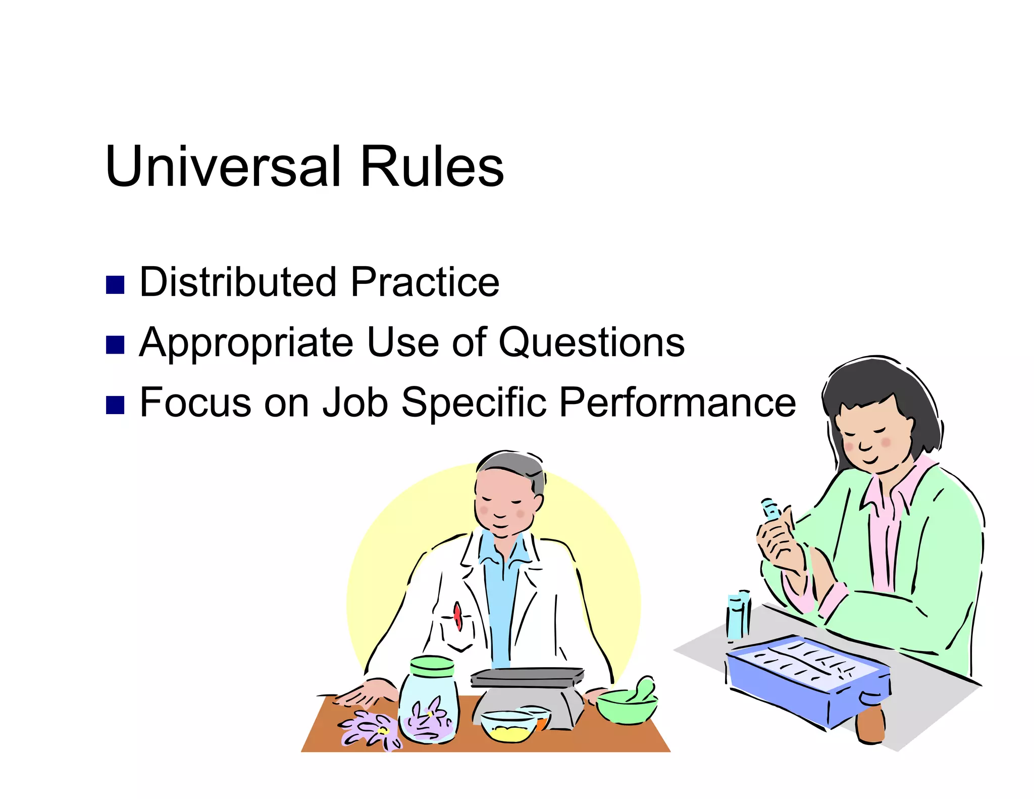 Universal Rules
 Distributed Practice
 Appropriate Use of Questions
 Focus on Job Specific Performance
 