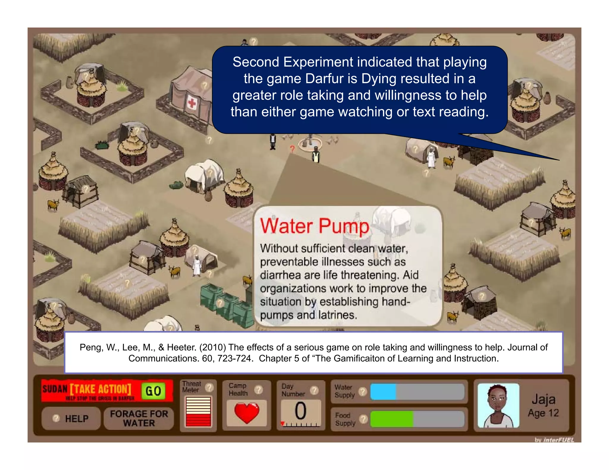Second Experiment indicated that playing
the game Darfur is Dying resulted in a
greater role taking and willingness to help
than either game watching or text reading.
Peng, W., Lee, M., & Heeter. (2010) The effects of a serious game on role taking and willingness to help. Journal of
Communications. 60, 723-724. Chapter 5 of “The Gamificaiton of Learning and Instruction.
 