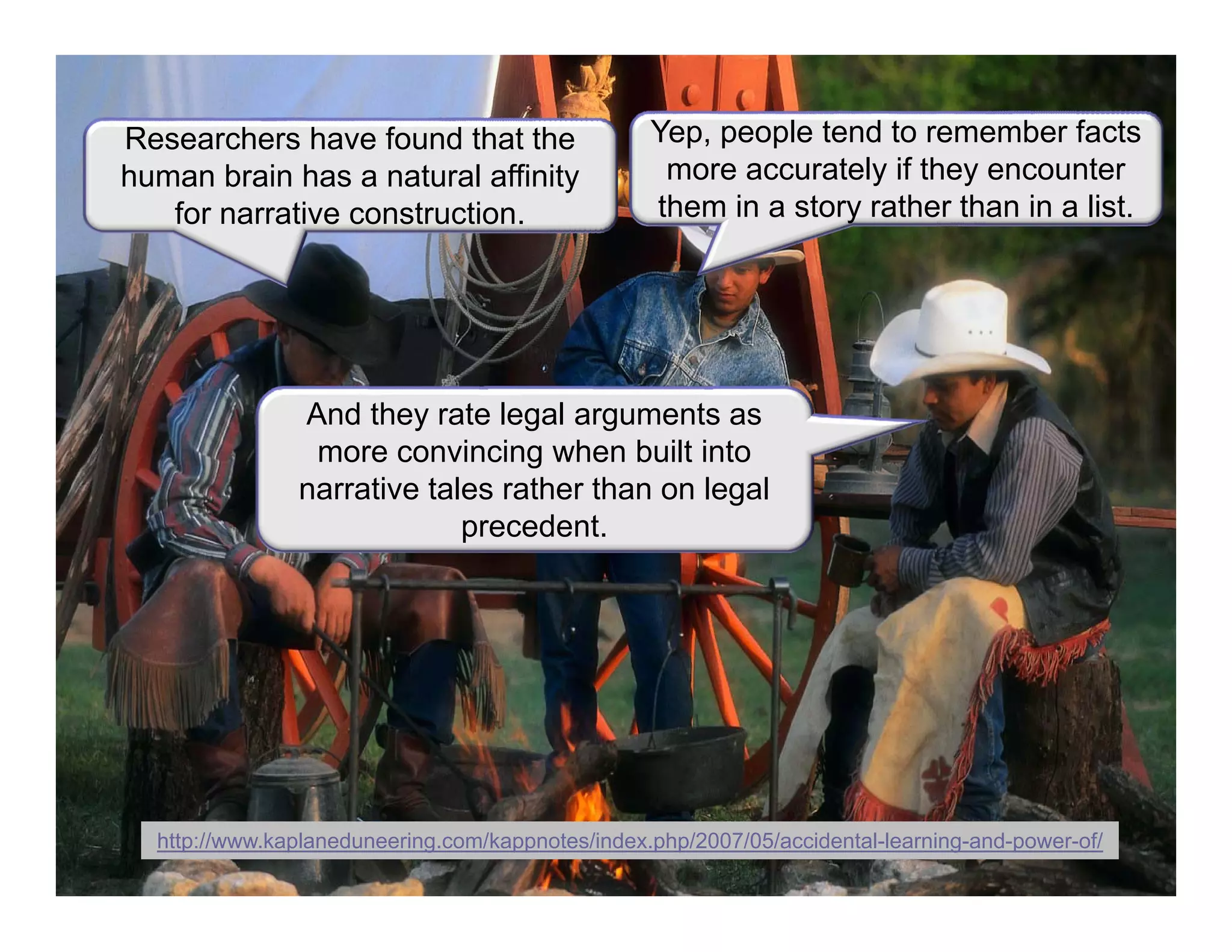 http://www.kaplaneduneering.com/kappnotes/index.php/2007/05/accidental-learning-and-power-of/
Researchers have found that the
human brain has a natural affinity
for narrative construction.
Yep, people tend to remember facts
more accurately if they encounter
them in a story rather than in a list.
And they rate legal arguments as
more convincing when built into
narrative tales rather than on legal
precedent.
 