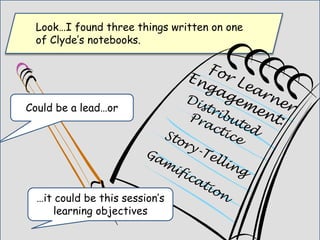 Look…I found three things written on one
of Clyde’s notebooks.
Could be a lead…or
…it could be this session’s
learning objectives
 
