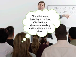 21 studies found
lecturing to be less
effective than:
discussion, reading
and individual work in
class.
 