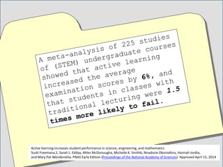 Active learning increases student performance in science, engineering, and mathematics
Scott Freemana,1, Sarah L. Eddya, Miles McDonougha, Michelle K. Smithb, Nnadozie Okoroafora, Hannah Jordta,
and Mary Pat Wenderotha. PNAS Early Edition (Proceedings of the National Academy of Sciences) Approved April 15, 2014
 