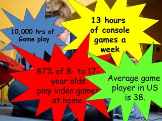10,000 hrs of
Game play
13 hours
of console
games a
week
Digital divisions. Report by the Pew /Internet: Pew Internet & American Life.
US Department of Commerce
87% of 8- to 17-
year olds
play video games
at home.
Average game
player in US
is 38.
 