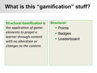 Structural Gamification is
the application of game-
elements to propel a
learner through content
with no alteration or
changes to the content.
Structural:
 Points
 Badges
 Leaderboard
What is this “gamification” stuff?
 