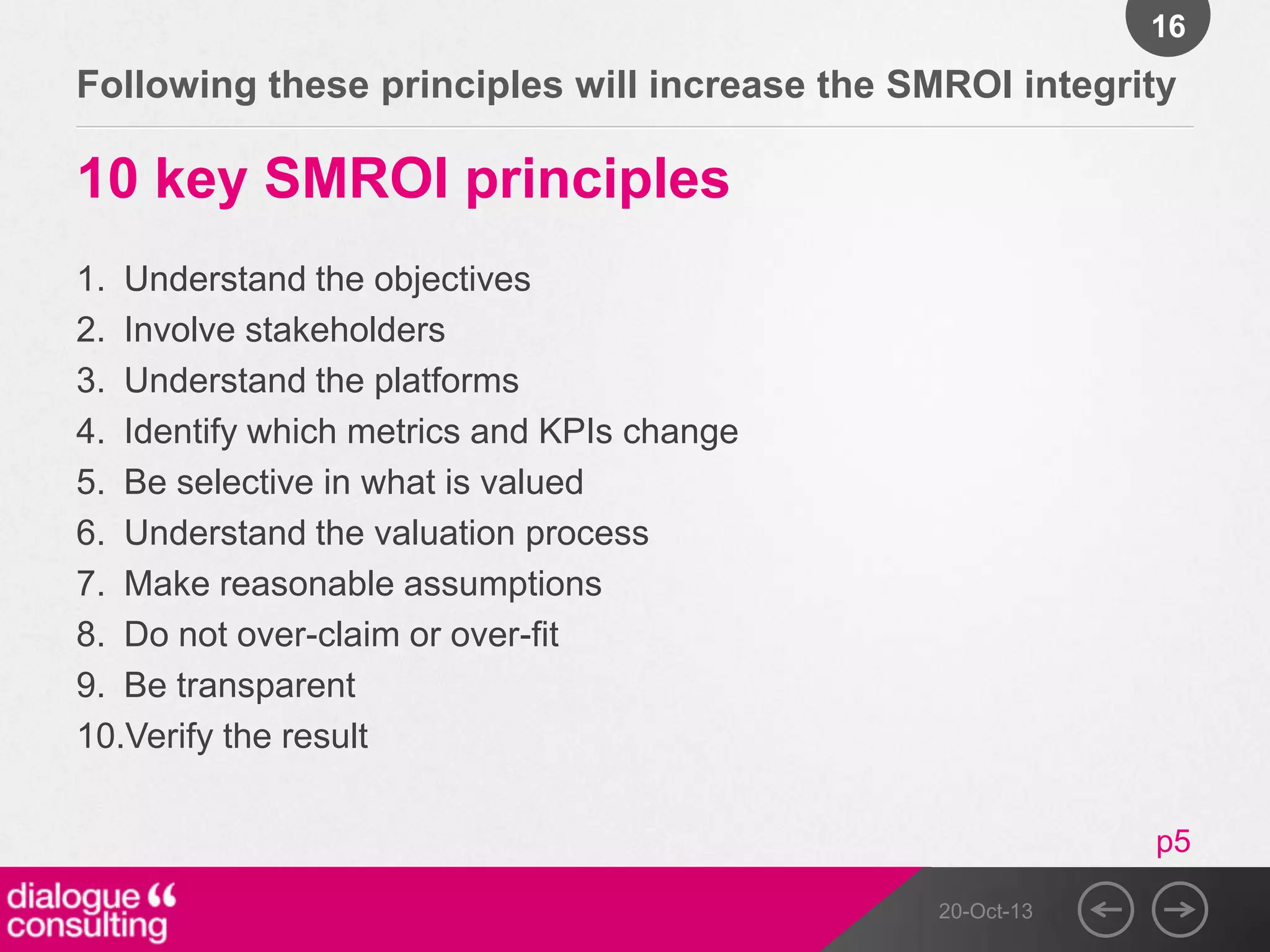 16

Following these principles will increase the SMROI integrity

10 key SMROI principles
1. Understand the objectives
2. Involve stakeholders
3. Understand the platforms
4. Identify which metrics and KPIs change
5. Be selective in what is valued
6. Understand the valuation process
7. Make reasonable assumptions
8. Do not over-claim or over-fit
9. Be transparent
10.Verify the result
p5
20-Oct-13

 