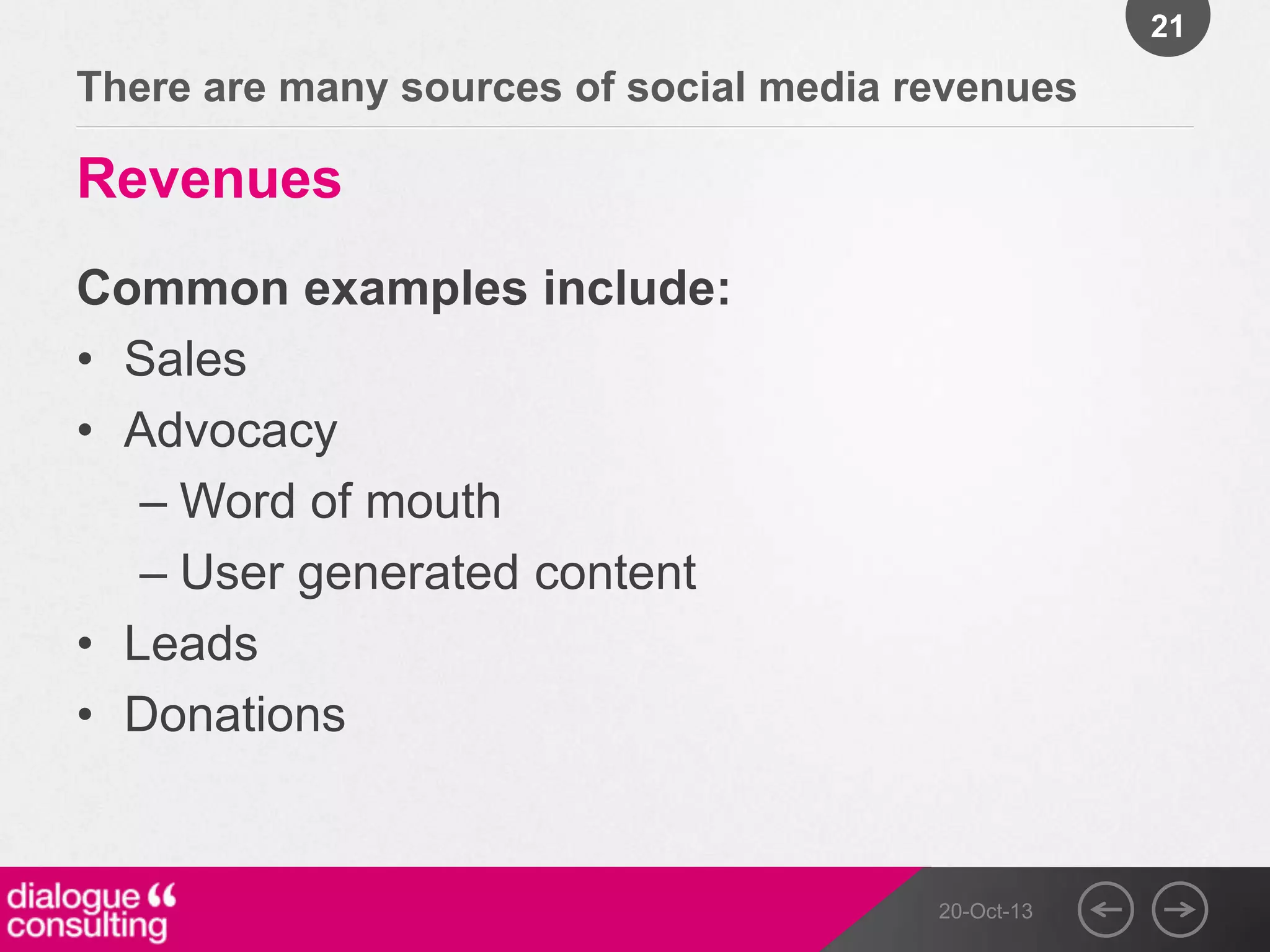 21

There are many sources of social media revenues

Revenues
Common examples include:
• Sales
• Advocacy
– Word of mouth
– User generated content
• Leads
• Donations

20-Oct-13

 