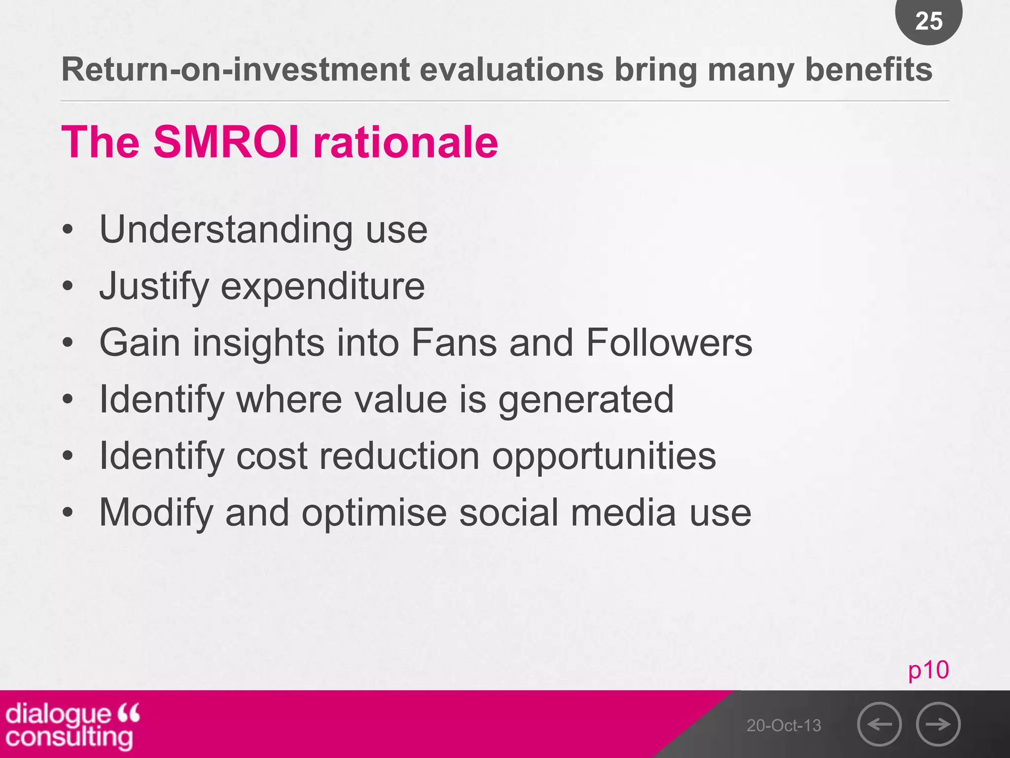 25

Return-on-investment evaluations bring many benefits

The SMROI rationale
•
•
•
•
•
•

Understanding use
Justify expenditure
Gain insights into Fans and Followers
Identify where value is generated
Identify cost reduction opportunities
Modify and optimise social media use

p10
20-Oct-13

 