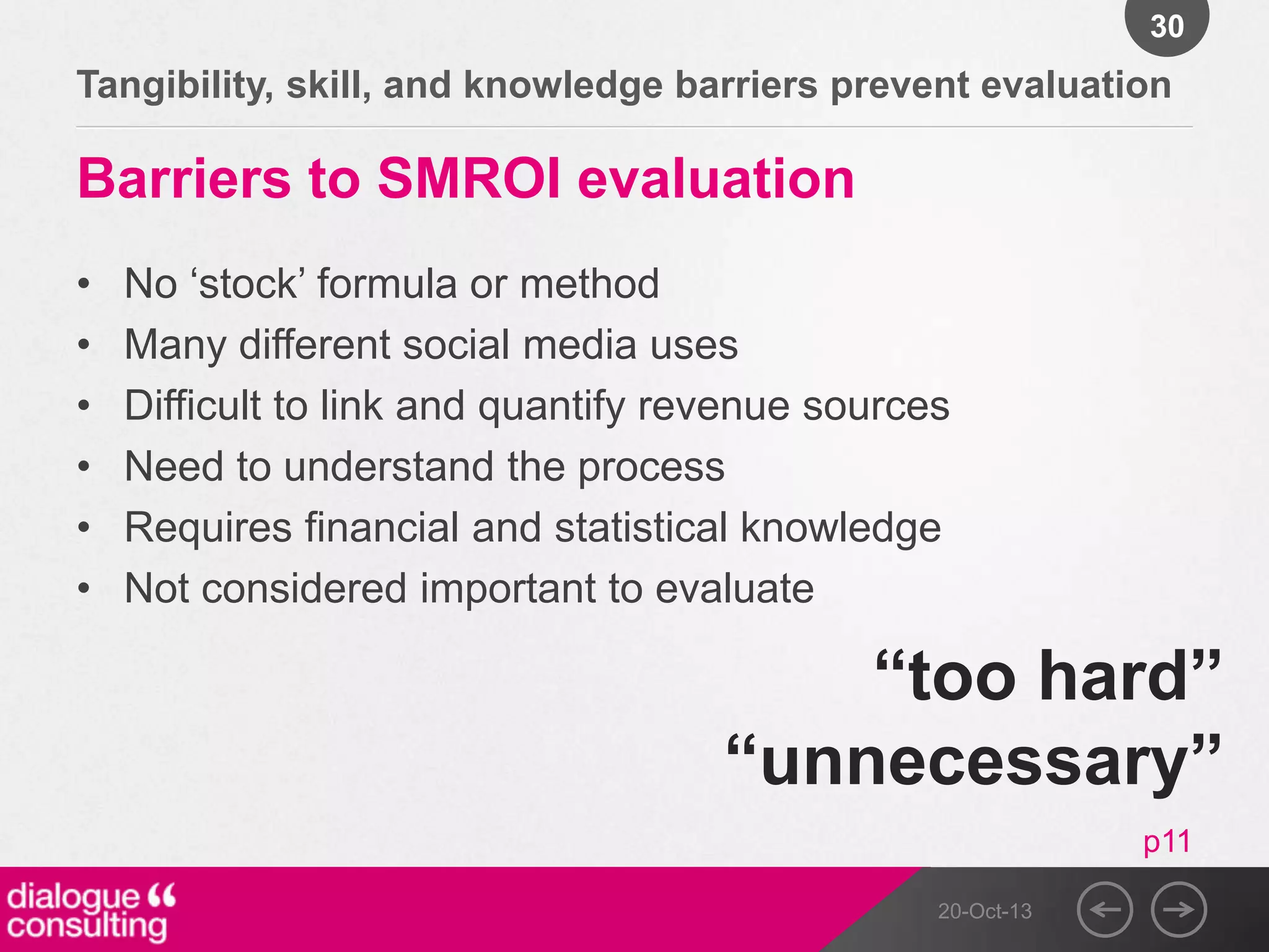30

Tangibility, skill, and knowledge barriers prevent evaluation

Barriers to SMROI evaluation
•
•
•
•
•
•

No „stock‟ formula or method
Many different social media uses
Difficult to link and quantify revenue sources
Need to understand the process
Requires financial and statistical knowledge
Not considered important to evaluate

“too hard”
“unnecessary”
p11
20-Oct-13

 