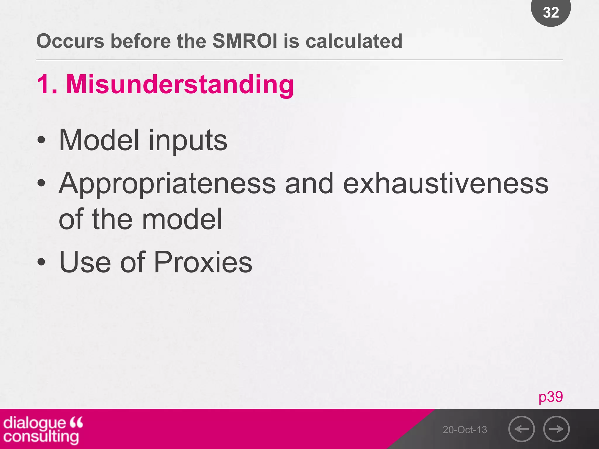 32

Occurs before the SMROI is calculated

1. Misunderstanding

• Model inputs
• Appropriateness and exhaustiveness
of the model
• Use of Proxies

p39
20-Oct-13

 