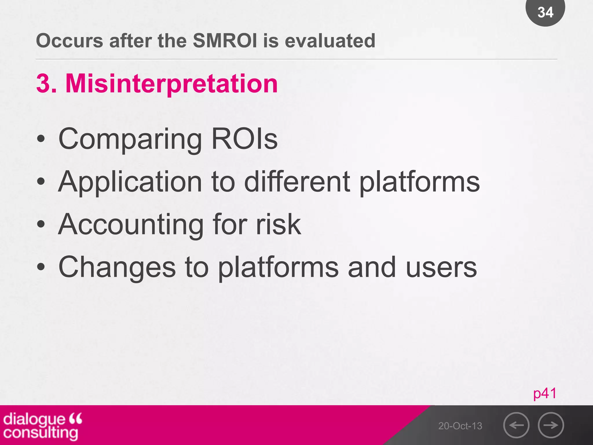 34

Occurs after the SMROI is evaluated

3. Misinterpretation

•
•
•
•

Comparing ROIs
Application to different platforms
Accounting for risk
Changes to platforms and users

p41
20-Oct-13

 