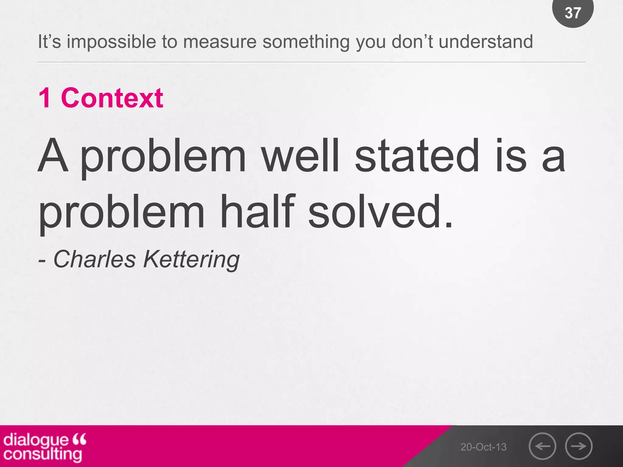 37

It‟s impossible to measure something you don‟t understand

1 Context

A problem well stated is a
problem half solved.
- Charles Kettering

20-Oct-13

 