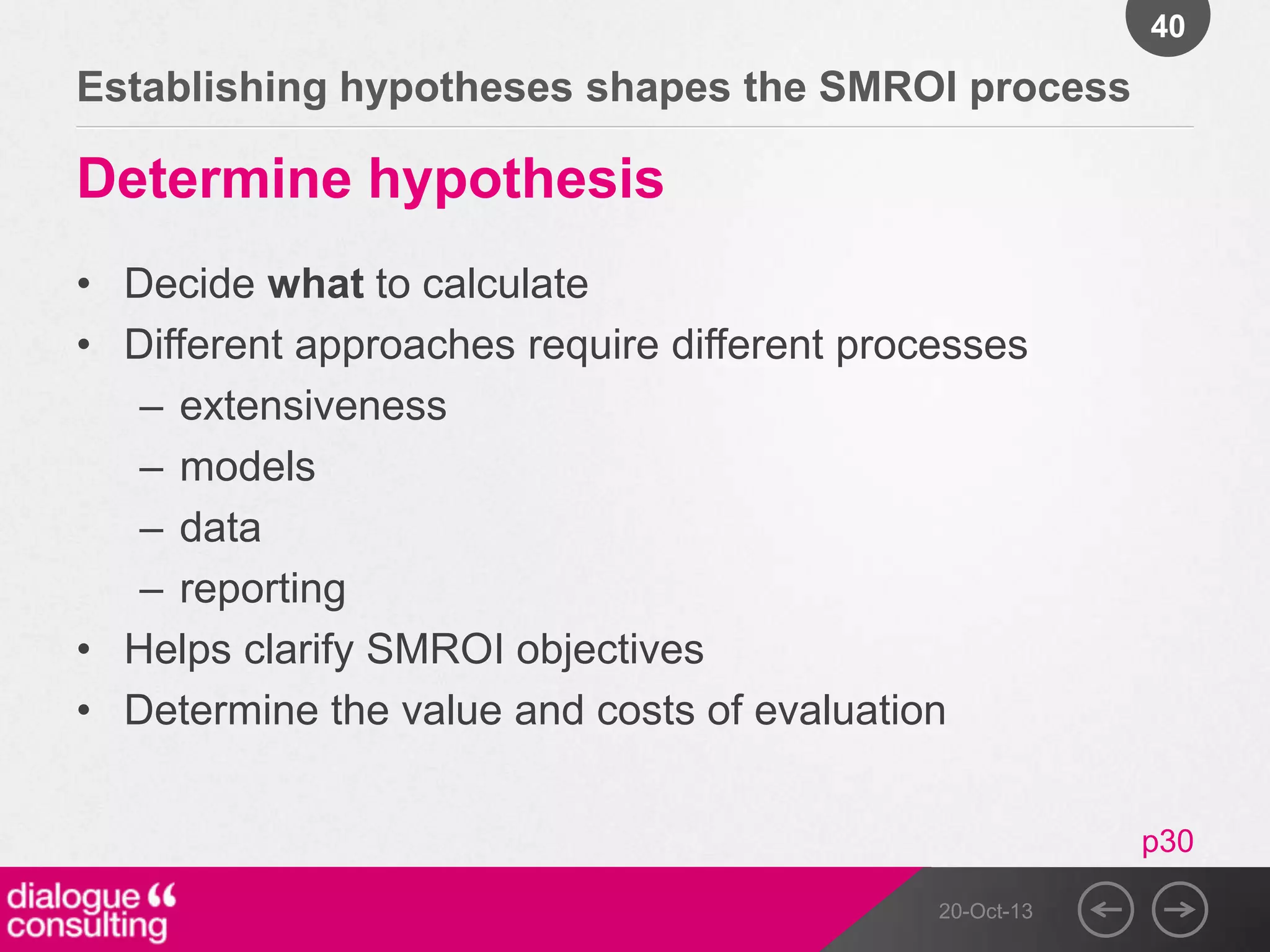 40

Establishing hypotheses shapes the SMROI process

Determine hypothesis
• Decide what to calculate
• Different approaches require different processes
– extensiveness
– models
– data
– reporting
• Helps clarify SMROI objectives
• Determine the value and costs of evaluation
p30
20-Oct-13

 