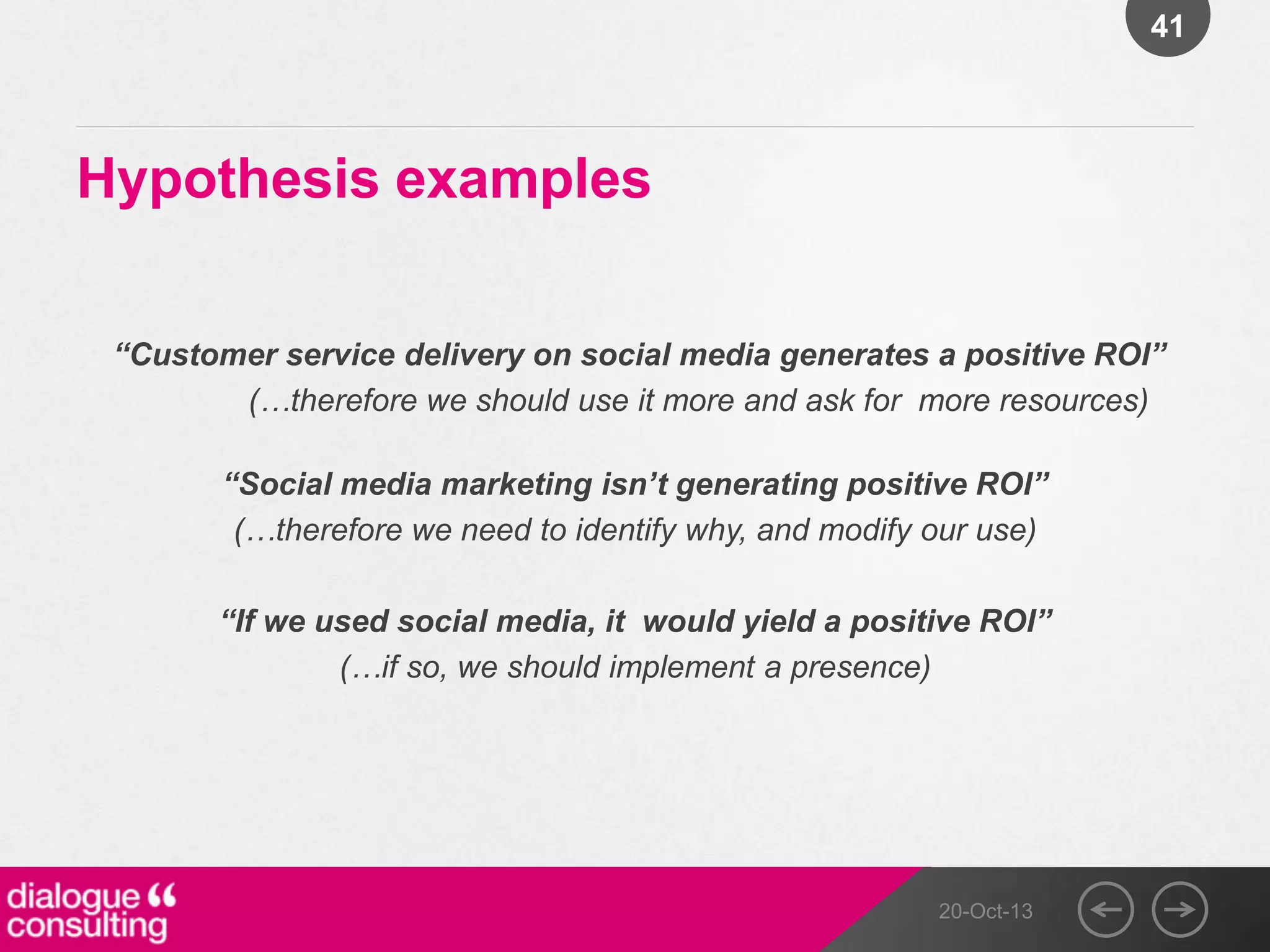 41

Hypothesis examples
“Customer service delivery on social media generates a positive ROI”
(…therefore we should use it more and ask for more resources)
“Social media marketing isn’t generating positive ROI”
(…therefore we need to identify why, and modify our use)
“If we used social media, it would yield a positive ROI”
(…if so, we should implement a presence)

20-Oct-13

 