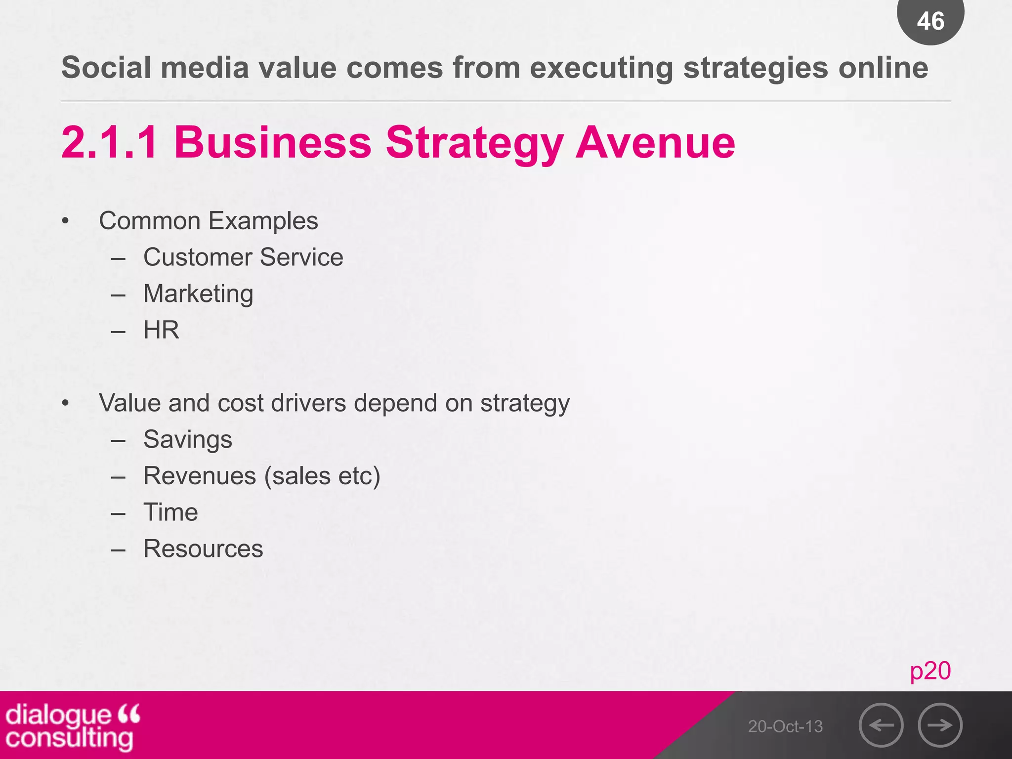 46

Social media value comes from executing strategies online

2.1.1 Business Strategy Avenue
•

Common Examples
– Customer Service
– Marketing
– HR

•

Value and cost drivers depend on strategy
– Savings
– Revenues (sales etc)
– Time
– Resources

p20
20-Oct-13

 