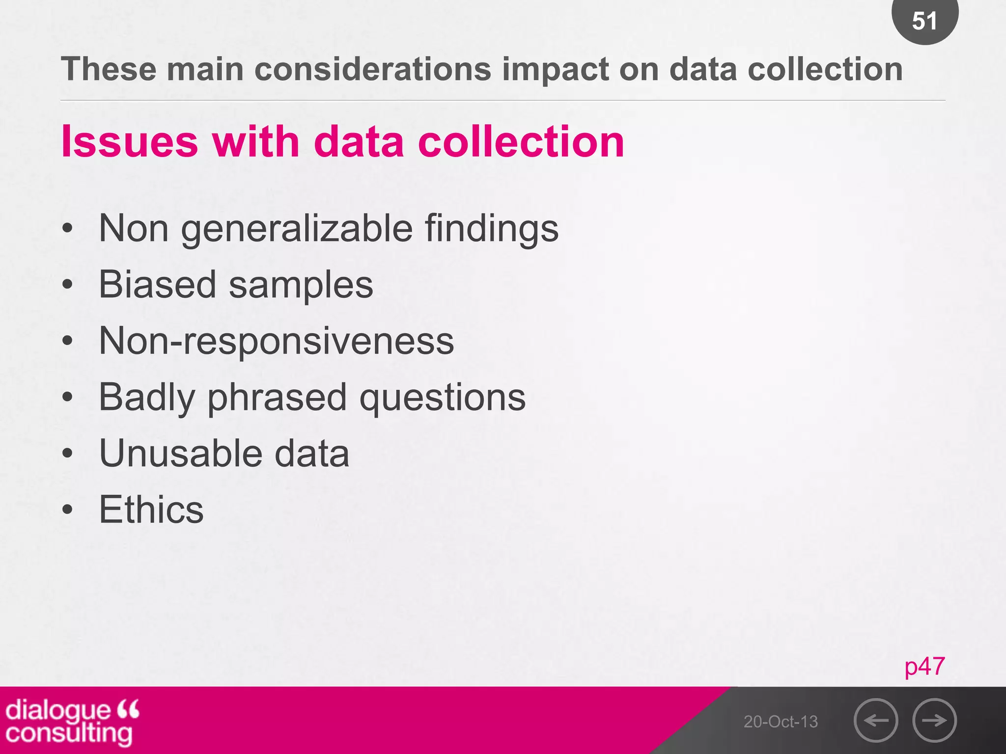 51

These main considerations impact on data collection

Issues with data collection
•
•
•
•
•
•

Non generalizable findings
Biased samples
Non-responsiveness
Badly phrased questions
Unusable data
Ethics

p47
20-Oct-13

 