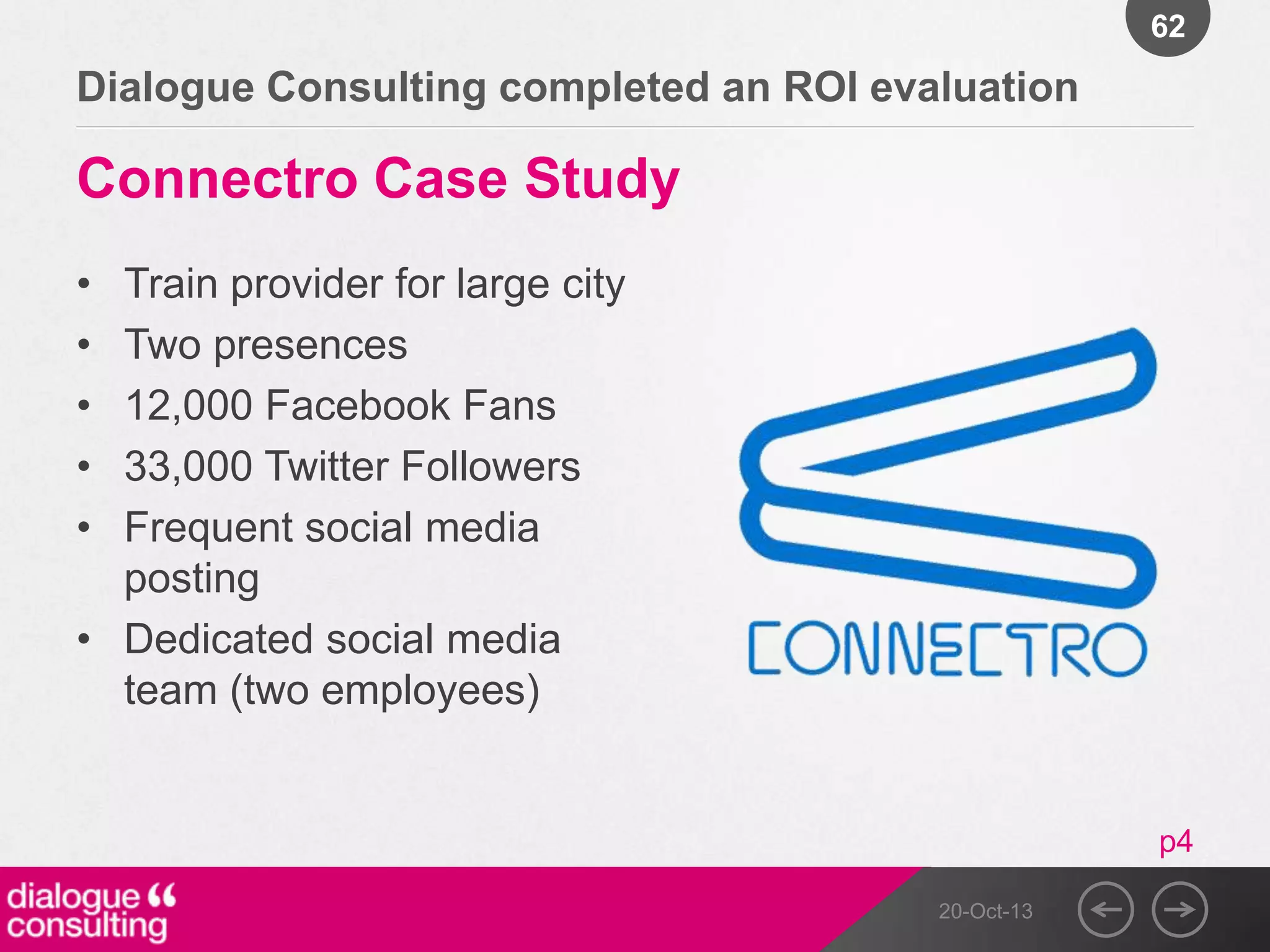 62

Dialogue Consulting completed an ROI evaluation

Connectro Case Study
•
•
•
•
•

Train provider for large city
Two presences
12,000 Facebook Fans
33,000 Twitter Followers
Frequent social media
posting
• Dedicated social media
team (two employees)

p4
20-Oct-13

 