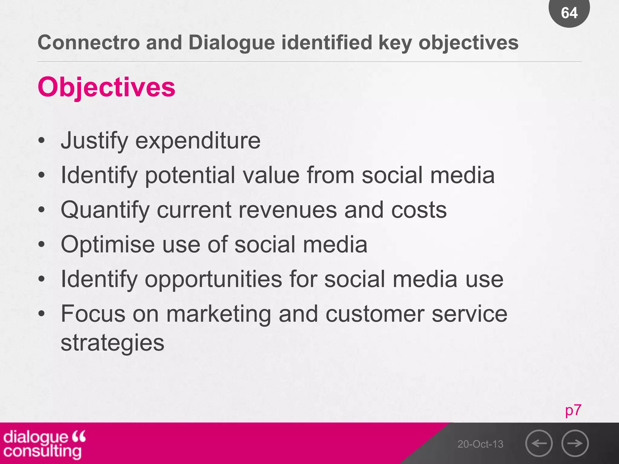 64

Connectro and Dialogue identified key objectives

Objectives
•
•
•
•
•
•

Justify expenditure
Identify potential value from social media
Quantify current revenues and costs
Optimise use of social media
Identify opportunities for social media use
Focus on marketing and customer service
strategies
p7
20-Oct-13

 