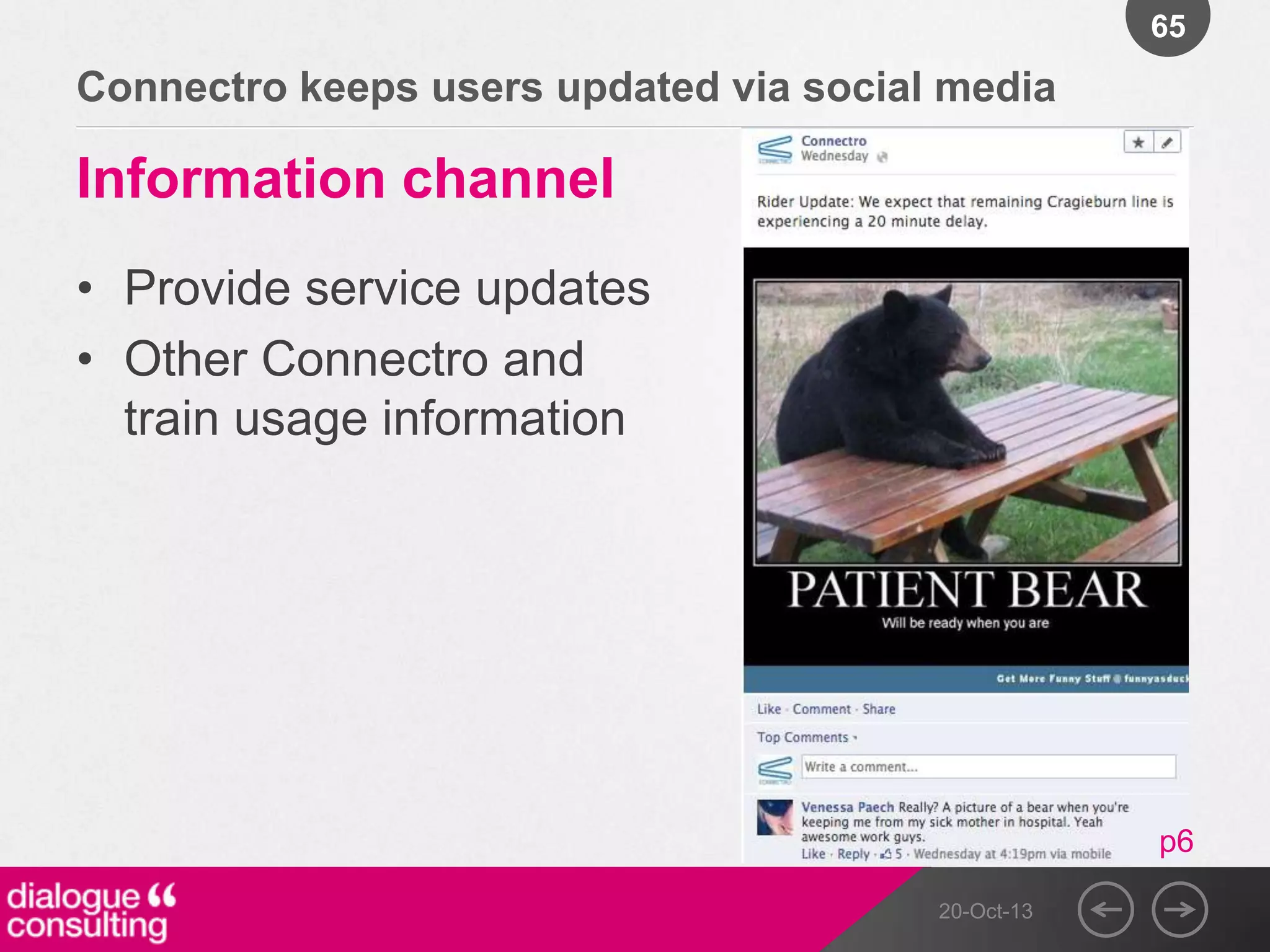 65

Connectro keeps users updated via social media

Information channel
• Provide service updates
• Other Connectro and
train usage information

p6
20-Oct-13

 