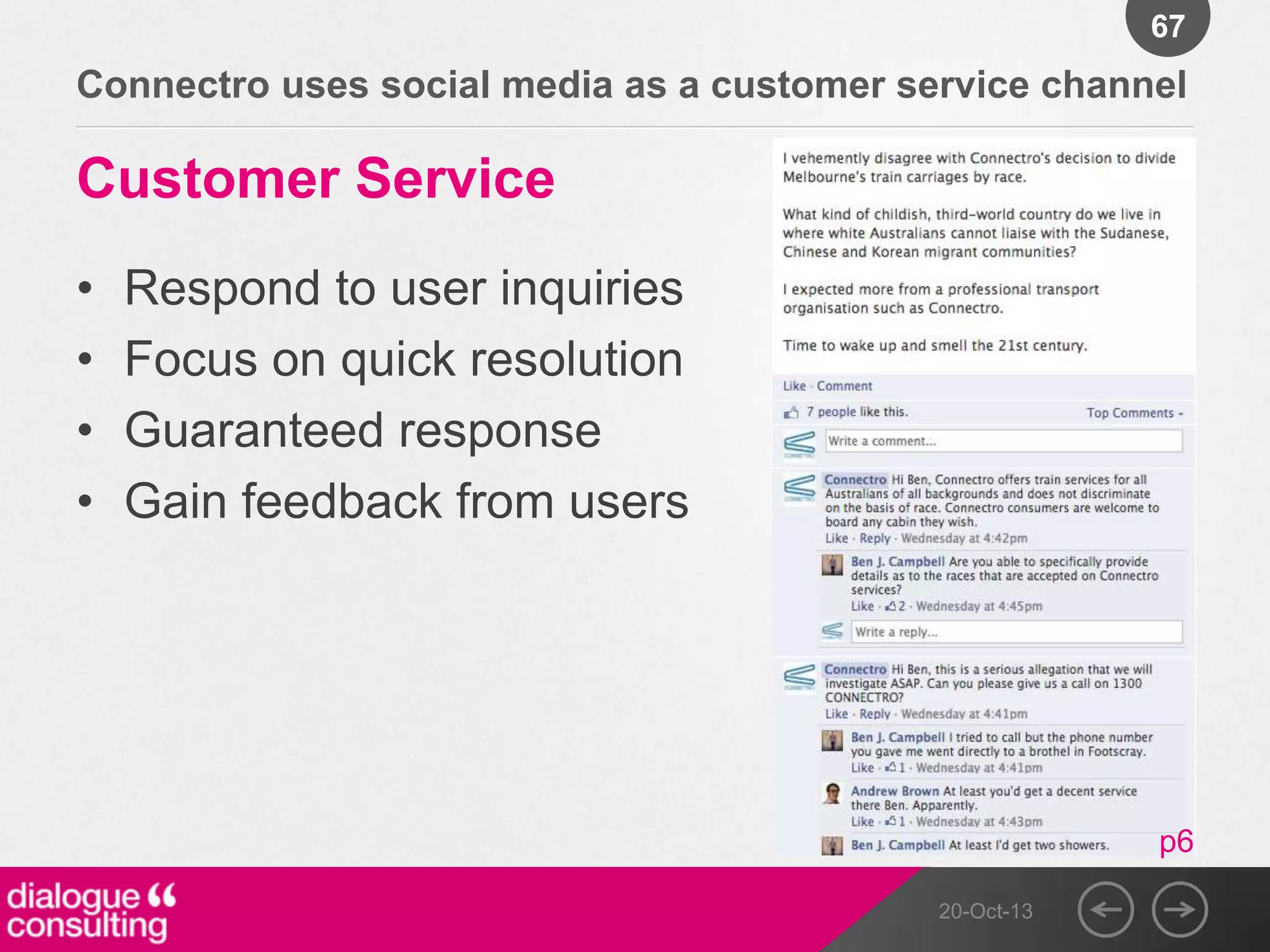 67

Connectro uses social media as a customer service channel

Customer Service
•
•
•
•

Respond to user inquiries
Focus on quick resolution
Guaranteed response
Gain feedback from users

p6
20-Oct-13

 