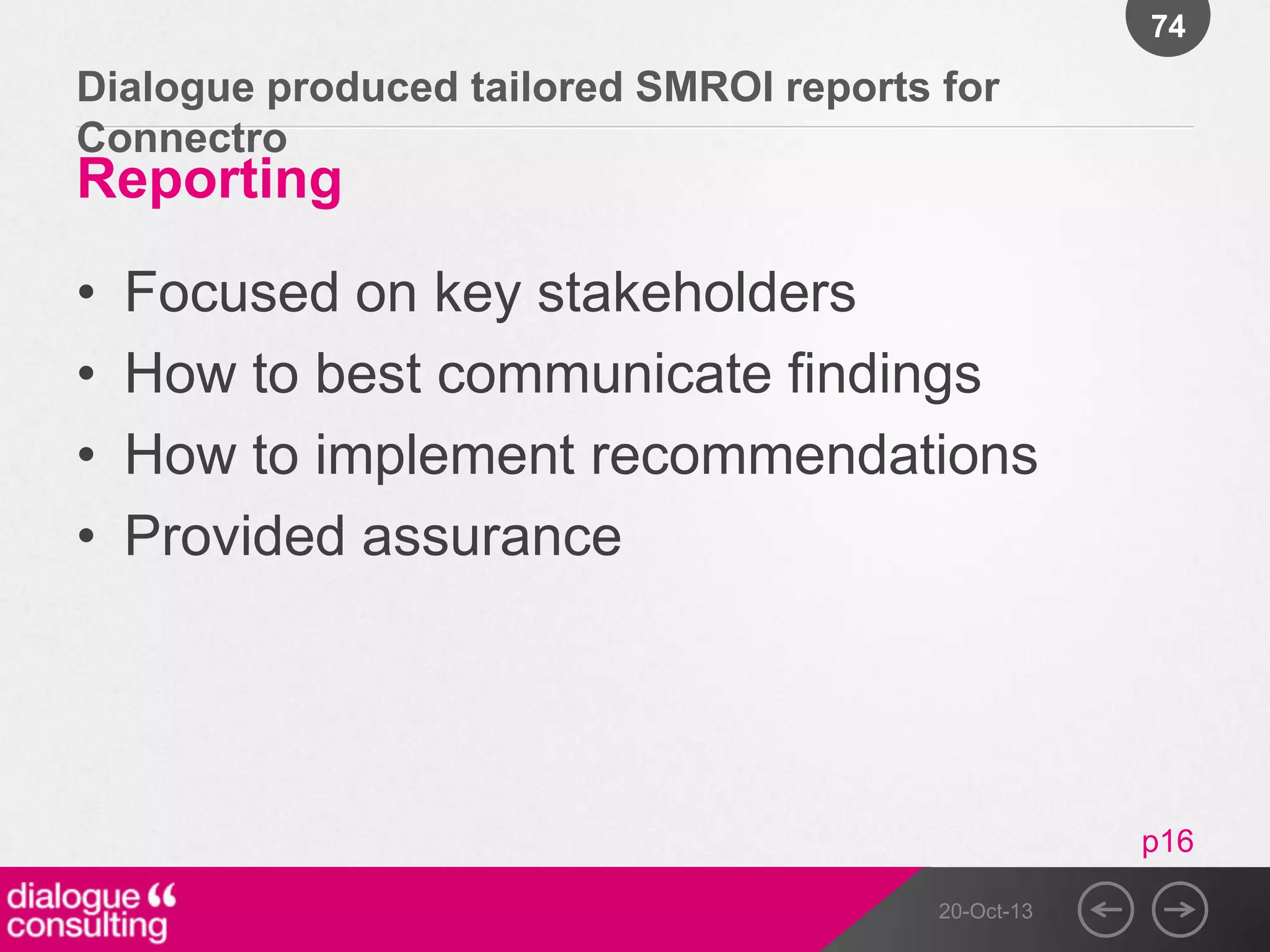 74

Dialogue produced tailored SMROI reports for
Connectro

Reporting
•
•
•
•

Focused on key stakeholders
How to best communicate findings
How to implement recommendations
Provided assurance

p16
20-Oct-13

 