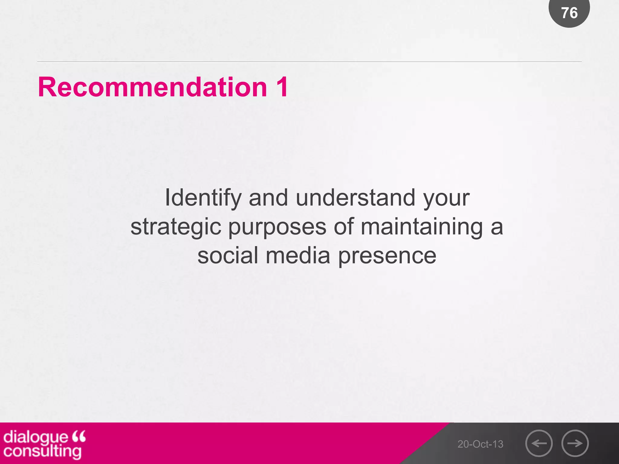 76

Recommendation 1

Identify and understand your
strategic purposes of maintaining a
social media presence

20-Oct-13

 