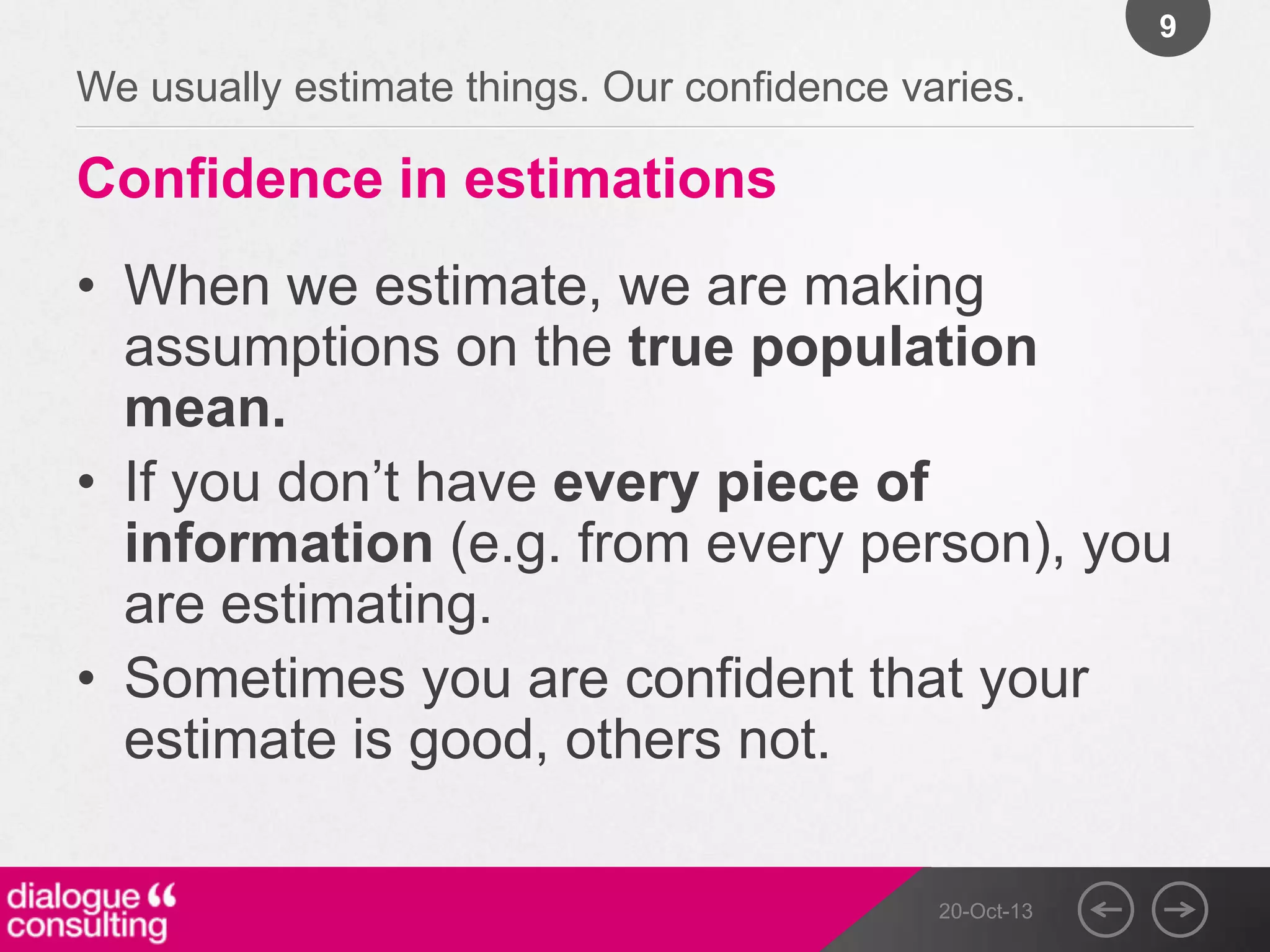 9

We usually estimate things. Our confidence varies.

Confidence in estimations
• When we estimate, we are making
assumptions on the true population
mean.
• If you don‟t have every piece of
information (e.g. from every person), you
are estimating.
• Sometimes you are confident that your
estimate is good, others not.
20-Oct-13

 