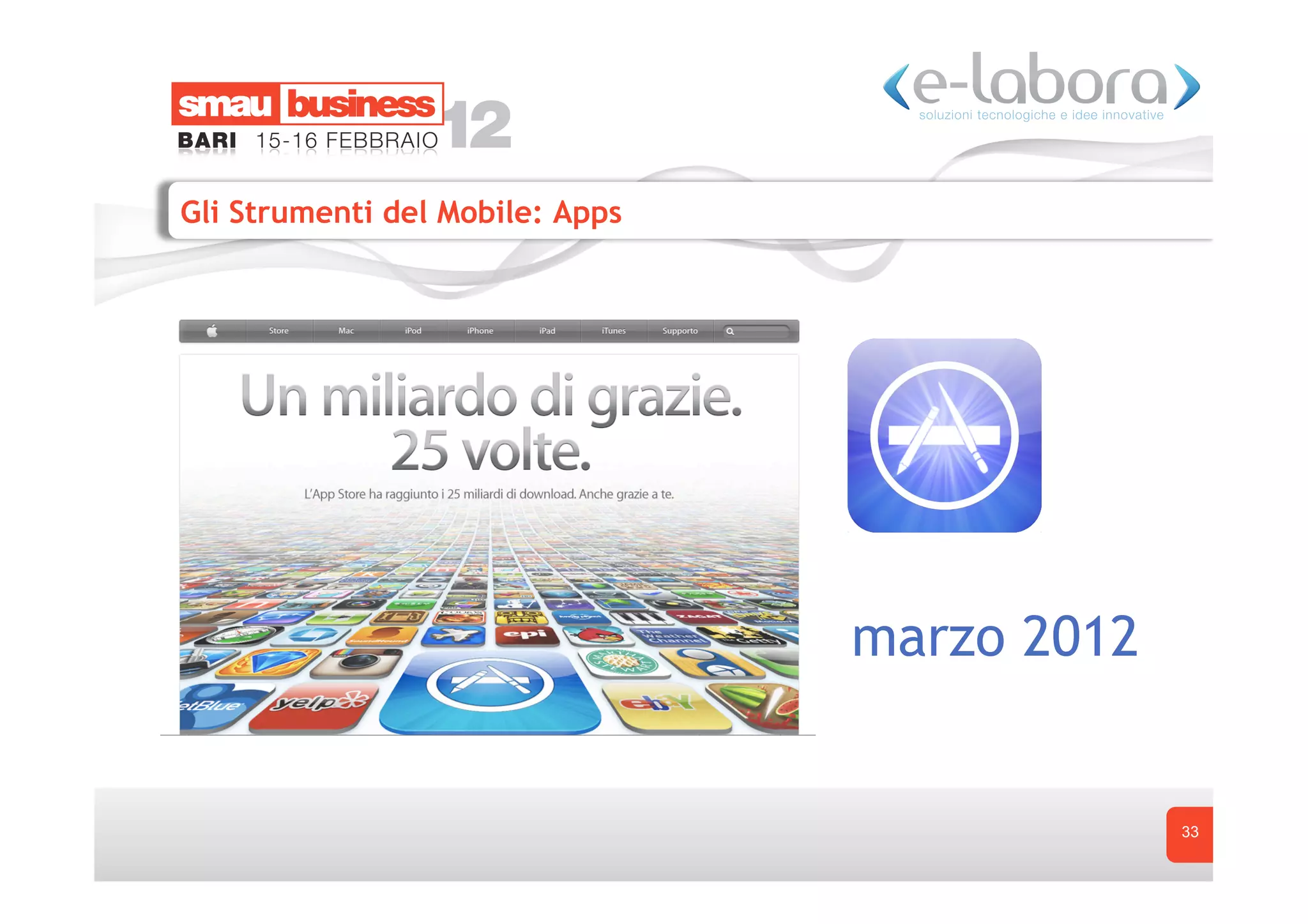Gli Strumenti del Mobile: Apps




                                 marzo 2012


                                              33
 
