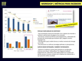 WORKSHOP | MÉTRICAS PARA FACEBOOK


                                              Eu sou um exemplo :)




POR QUE FAZER ANÁLISE DE CONTEÚDO?
- Para acompanhar volume de interações com o objetivo de entender e
melhorar a performance da página e seu conteúdo.
- Para buscar, através de métricas como Engajamento, a efetividade de
formatos de comunicação que envolvem tipo, categoria, horário,
linguagem etc.
- Para descobrir qual a melhor forma e o melhor momento de interagir
com os fãs.
- Para direcionar ou reafirmar estratégias definidas no planejamento.
ALÉM DE MEDIR INTERAÇÕES, TAMBÉM É INTERESSANTE:
- Destacar os melhores e piores posts levando em consideração
métricas como Reach, Talking About This, Negative Feedback,
Engajamento etc. Além disso, esses dados podem ser cruzados com
dias da semana e horários, sempre com o objetivo de compreender o
que apresenta melhor resultado.
 