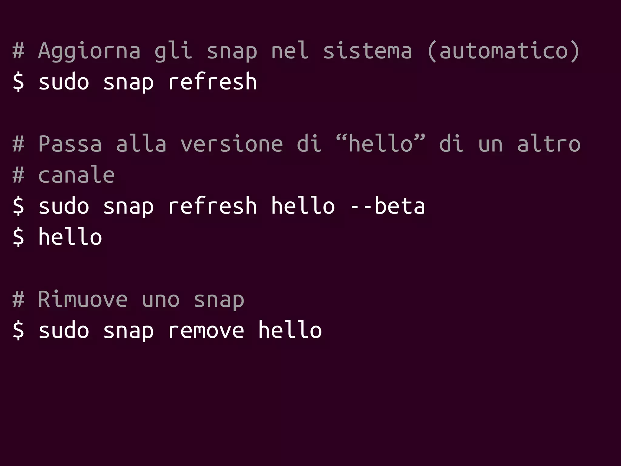 # Aggiorna gli snap nel sistema (automatico)
$ sudo snap refresh
# Passa alla versione di “hello” di un altro
# canale
$ sudo snap refresh hello --beta
$ hello
# Rimuove uno snap
$ sudo snap remove hello
 