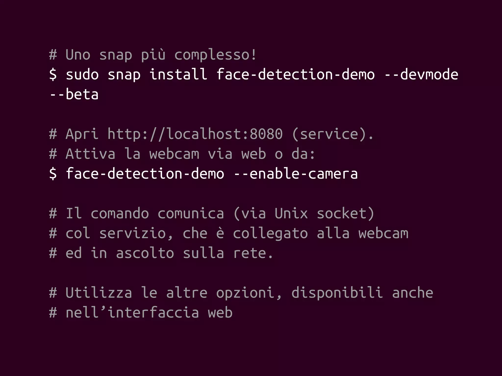 # Uno snap più complesso!
$ sudo snap install face-detection-demo --devmode
--beta
# Apri http://localhost:8080 (service).
# Attiva la webcam via web o da:
$ face-detection-demo --enable-camera
# Il comando comunica (via Unix socket)
# col servizio, che è collegato alla webcam
# ed in ascolto sulla rete.
# Utilizza le altre opzioni, disponibili anche
# nell’interfaccia web
 
