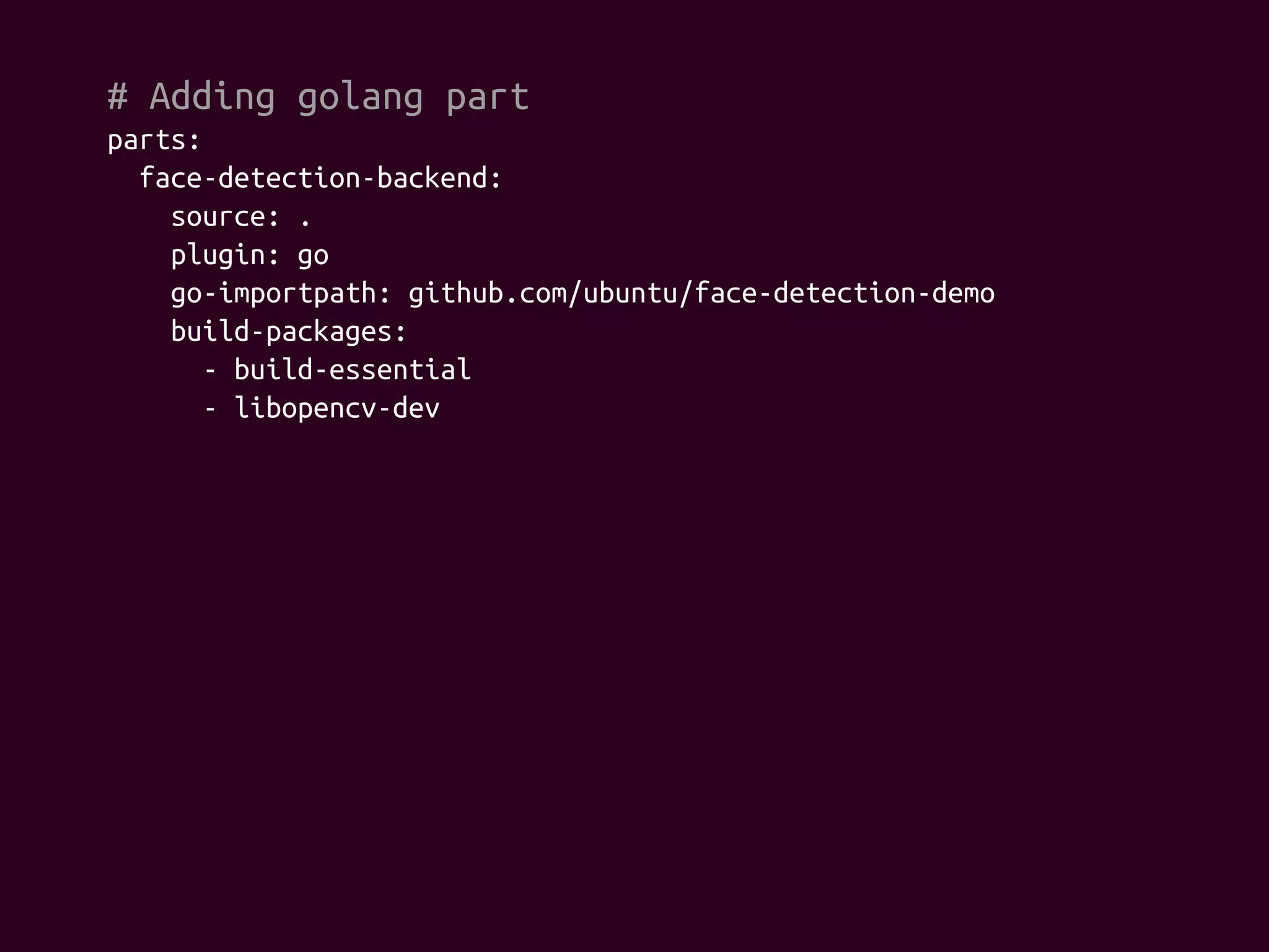 # Adding golang part
parts:
face-detection-backend:
source: .
plugin: go
go-importpath: github.com/ubuntu/face-detection-demo
build-packages:
- build-essential
- libopencv-dev
 