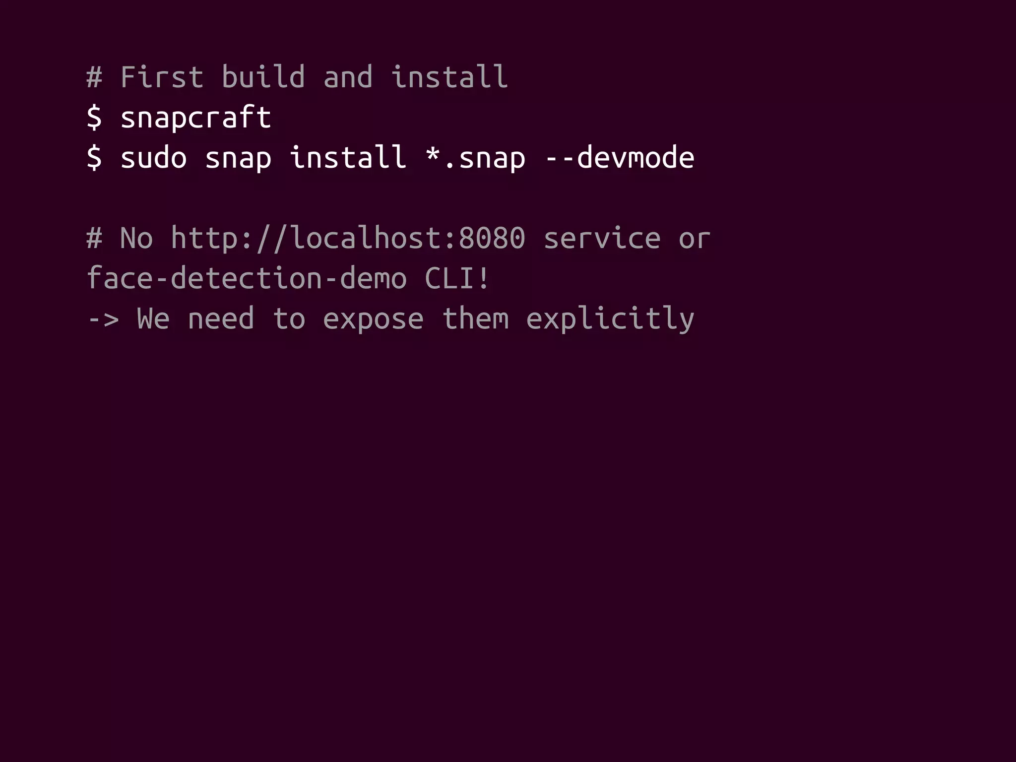# First build and install
$ snapcraft
$ sudo snap install *.snap --devmode
# No http://localhost:8080 service or
face-detection-demo CLI!
-> We need to expose them explicitly
 